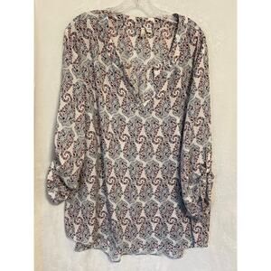 CATO Red & Light Blue V-Neckline Size 26/28W Long-Sleeve Blouse  3/4 Sleeve